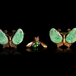 Appraisal: A Pair of Chinese Gilt Silver and Jadeite Butterfly-Form Brooches