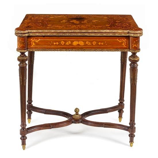 Appraisal: A Louis XVI Style Marquetry Flip-Top Table Height x width