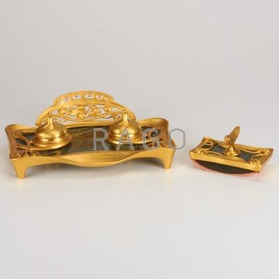 Appraisal: ART NOUVEAU Two desk pieces gilt-bronze mounted marble desk inkwell