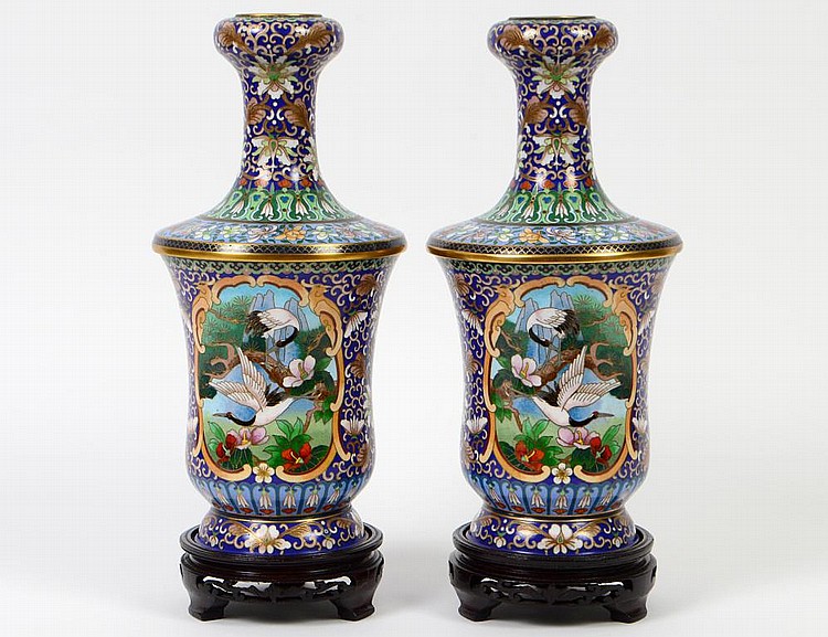 Appraisal: PAIR OF CHINESE CLOISONNE VASESEach cylindrical shaped vessel with cylindrical