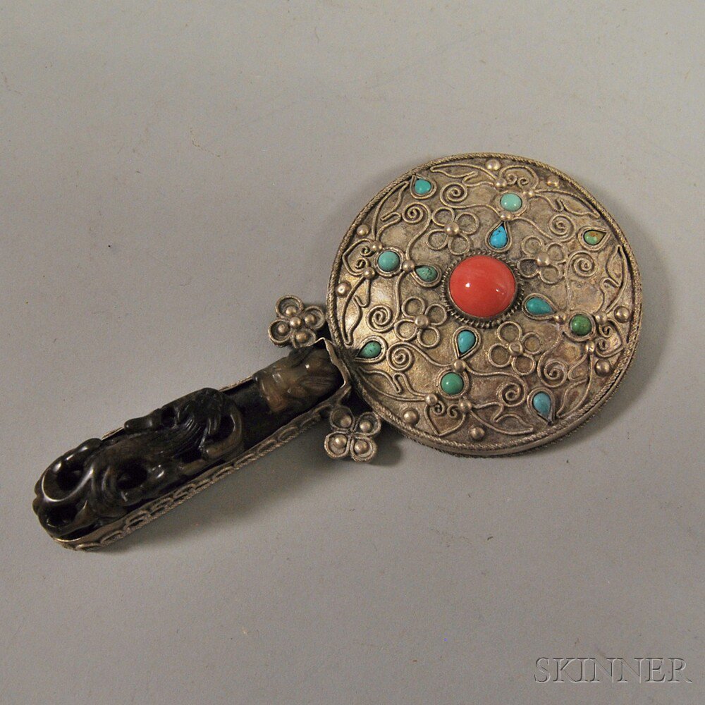 Appraisal: Chinese Hardstone Belt Hook mounted as a mirror encased in