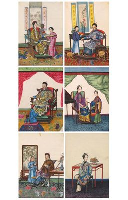 Appraisal: A Chinese album containing six pith paper paintings depicting court