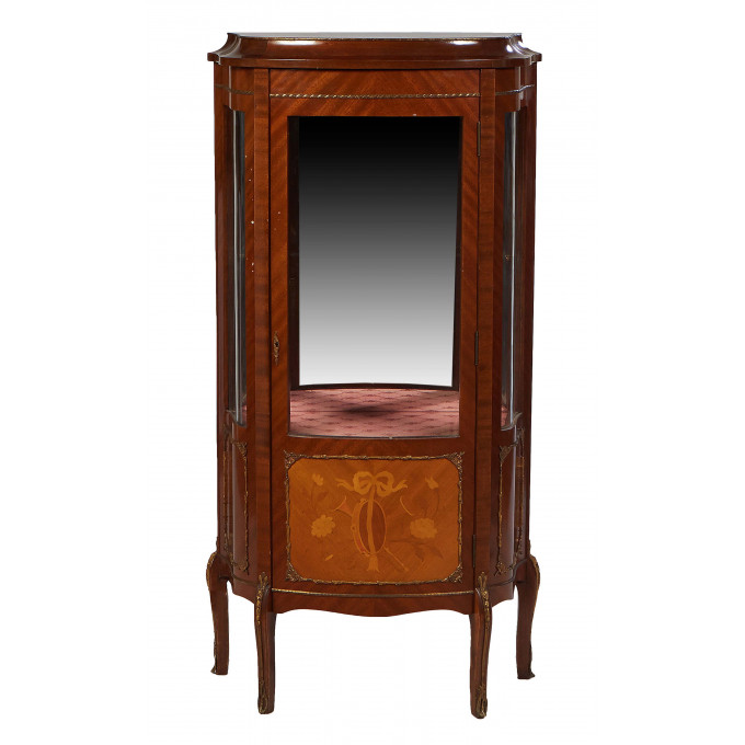 Appraisal: French Louis XV Style Inlaid Ormolu Mounted Carved Cherry Vitrine