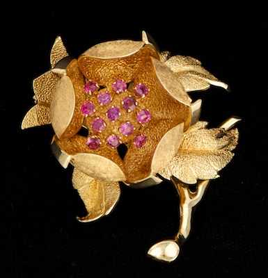 Appraisal: A Tiffany Co Gold and Ruby Flower Brooch k yellow