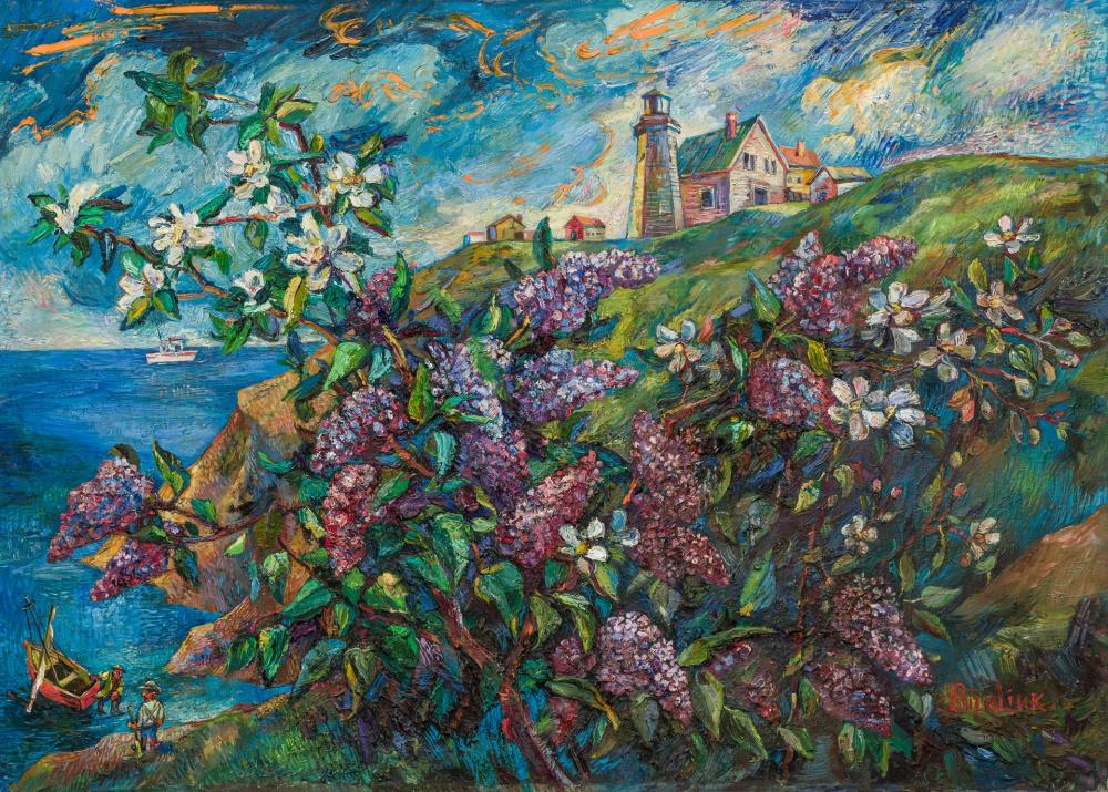 Appraisal: DAVID BURLIUK Russian - Lighthouse on the Hill with Lilacs