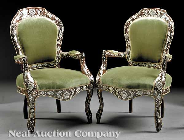 Appraisal: A Pair of Syrian Mother-of-Pearl and Silver Inlaid Hardwood Fauteuils