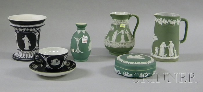 Appraisal: Seven Wedgwood Jasper Dip Items a black footed vase cup