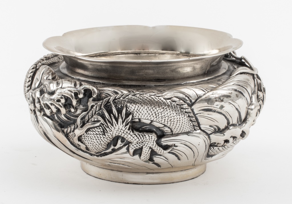 Appraisal: CHINESE EXPORT SILVERPLATE DRAGON BOWL Chinese export silverplate bowl decorated