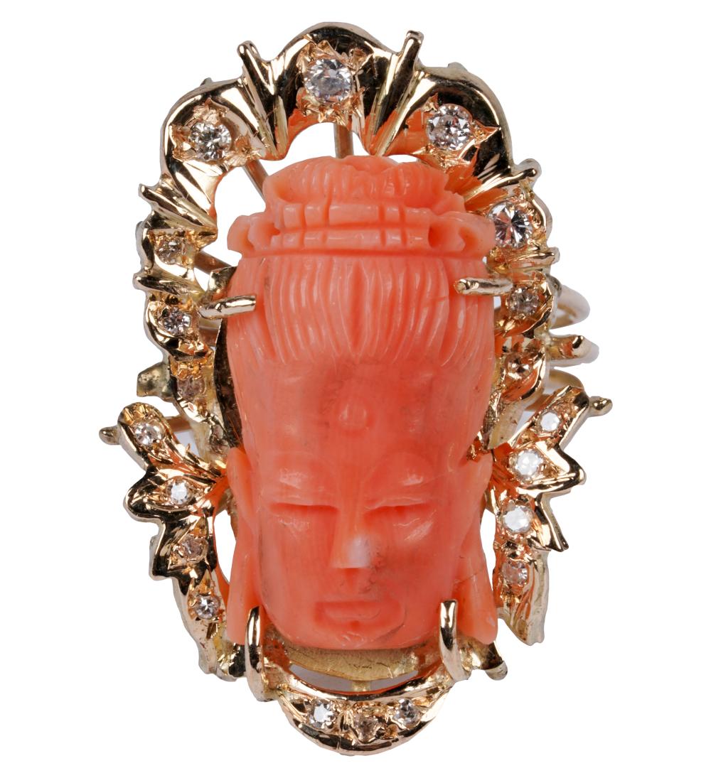 Appraisal: KARAT YELLOW GOLD DIAMOND CORAL BUDDHA RINGcentering one carved coral