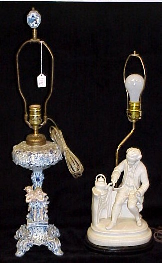 Appraisal: Delft porcelain fluid lamp with cherub motif now electrified along