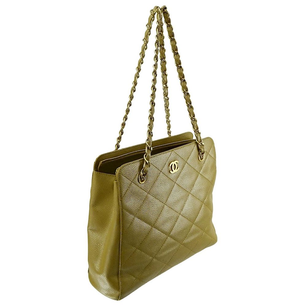 Appraisal: Chanel Metallic Tan Zip Top Quilted Leather Bag Chanel Metallic