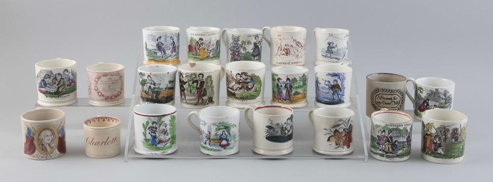 Appraisal: TWENTY-TWO ENGLISH TRANSFERWARE CHILDREN'S MUGS th Century Heights from to