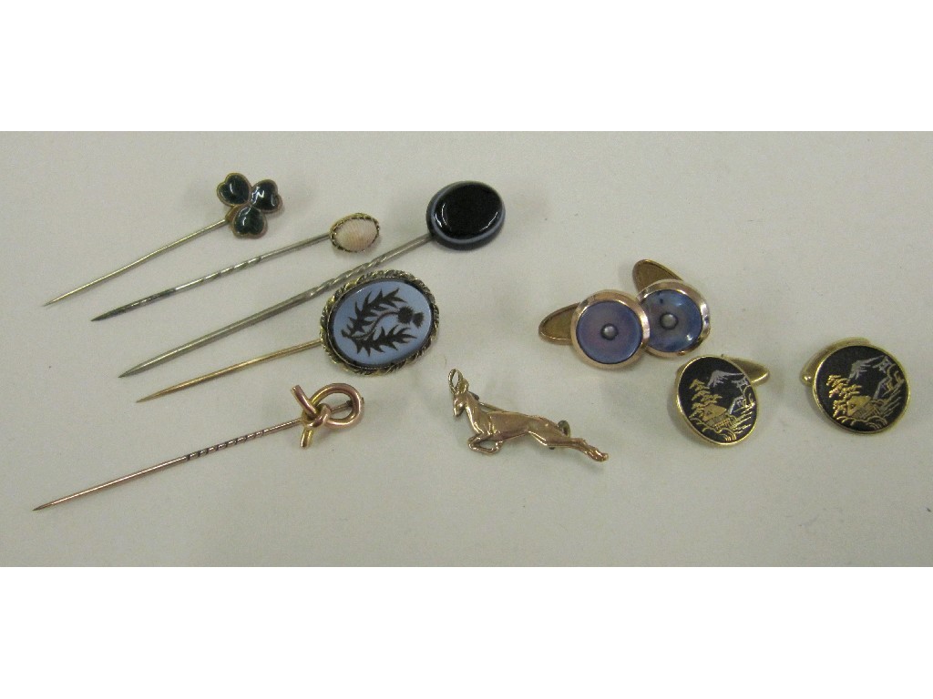 Appraisal: Five various stick pins two pairs of cuff links and