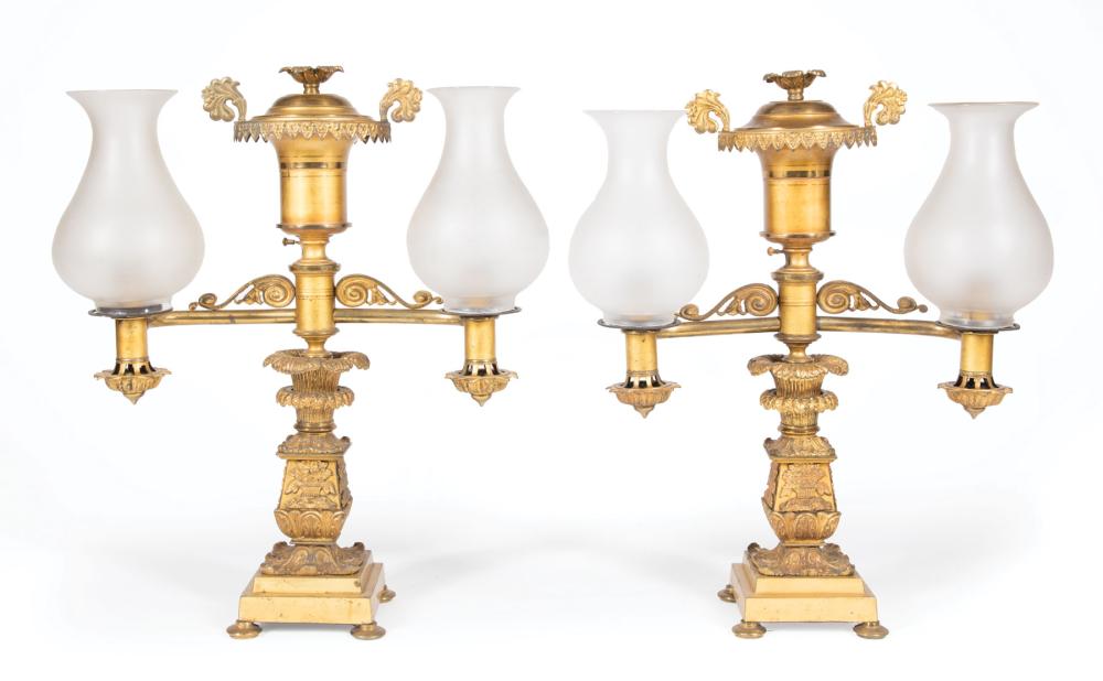 Appraisal: Pair of American Late Classical Gilt Bronze Two-Light Argand Lamps