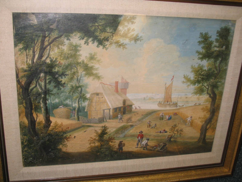 Appraisal: FLEMISH SCHOOL TH CENTURY Harvest scene oil and watercolor on