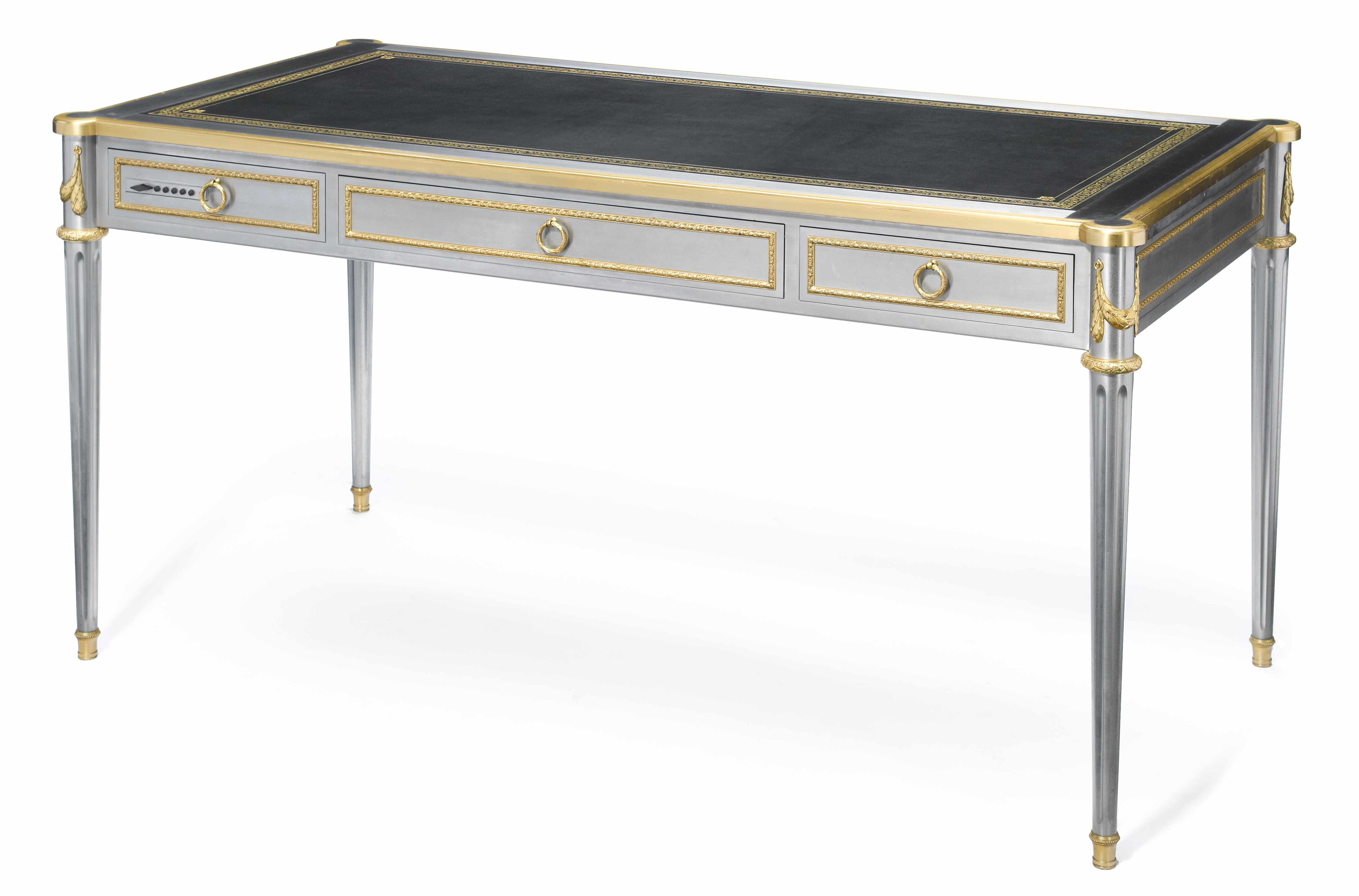 Appraisal: A Louis XVI style brushed steel and gilt metal bureau