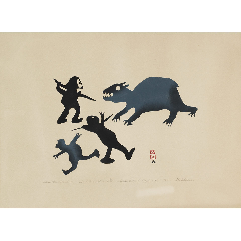 Appraisal: KIAKSHUK - E - Cape Dorset THREE BEAR HUNTERS sealskin