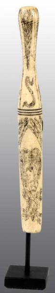 Appraisal: Decorated Scrimshaw Clothespin Description Circa s Beautiful etching of boat