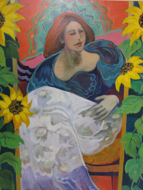 Appraisal: Barbara Gallagher - Oil on canvas painting Woman with Sunflowers