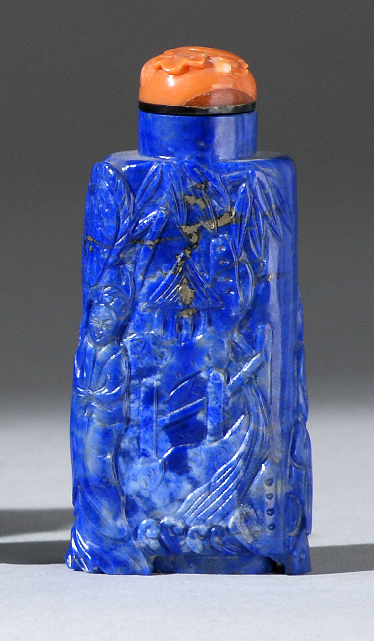 Appraisal: LAPIS LAZULI SNUFF BOTTLE In rectangular form with figural landscape