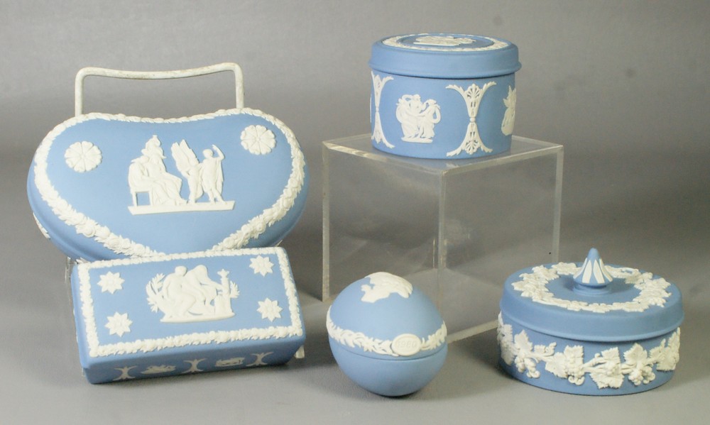 Appraisal: Wedgwood blue white Jasperware trinket boxes including heart shaped rectangular