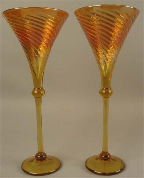 Appraisal: Pair Iridescent Wine Glasses with Elegant Swirl Signed Sta H