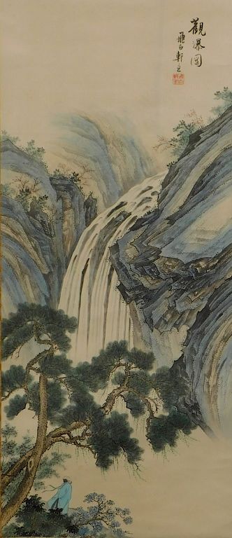 Appraisal: Japanese Landscape Hanging Wall Scroll Painting Japan Two lines of