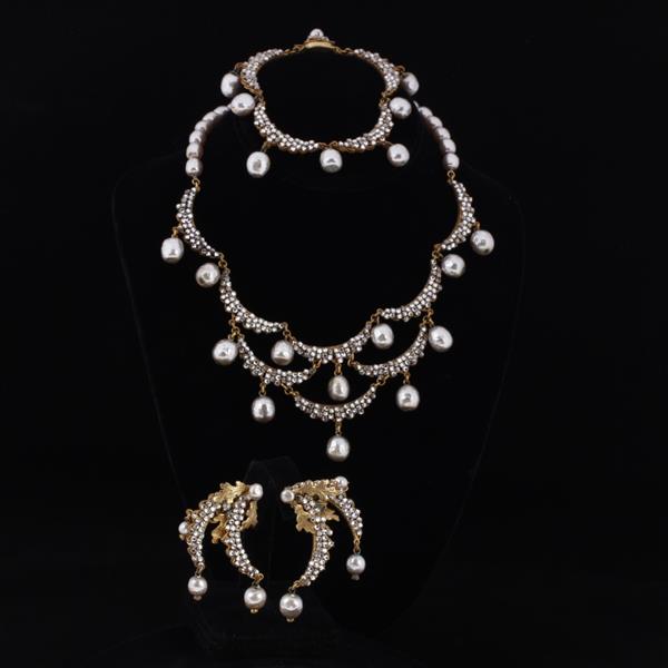 Appraisal: Miriam Haskell pc Faux Pearl Necklace Bracelet Clip Earrings