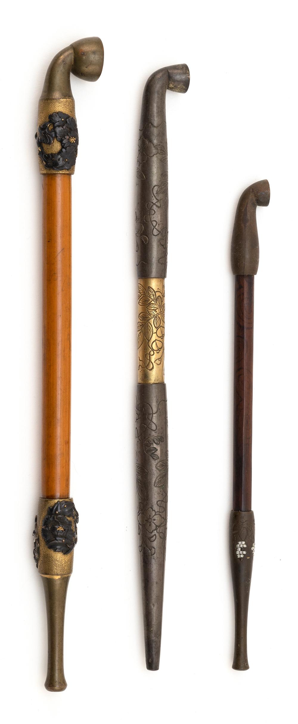 Appraisal: THREE JAPANESE OPIUM PIPES MEIJI PERIODTHREE JAPANESE OPIUM PIPES Meiji