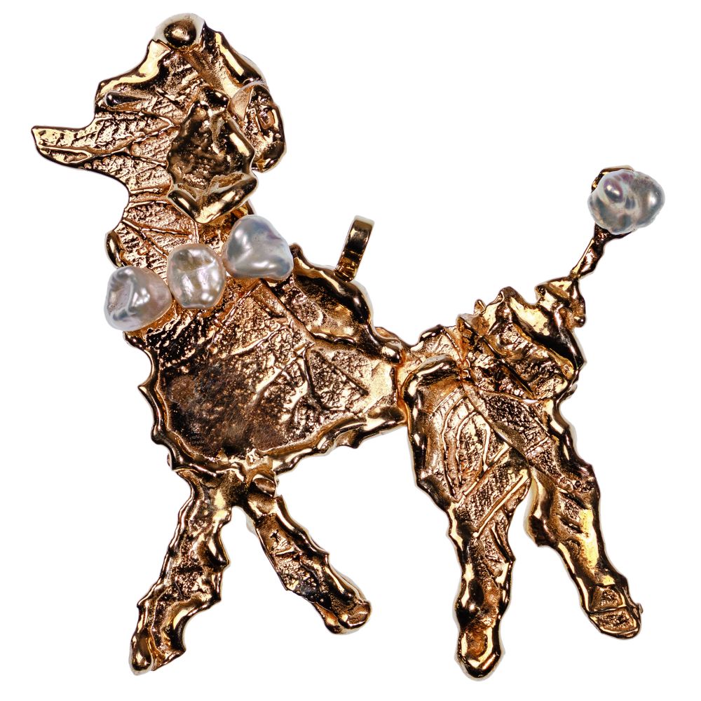 Appraisal: NIKKI FELDBAUM K YELLOW GOLD AND CULTURED PEARL PENDANTFrench poodle