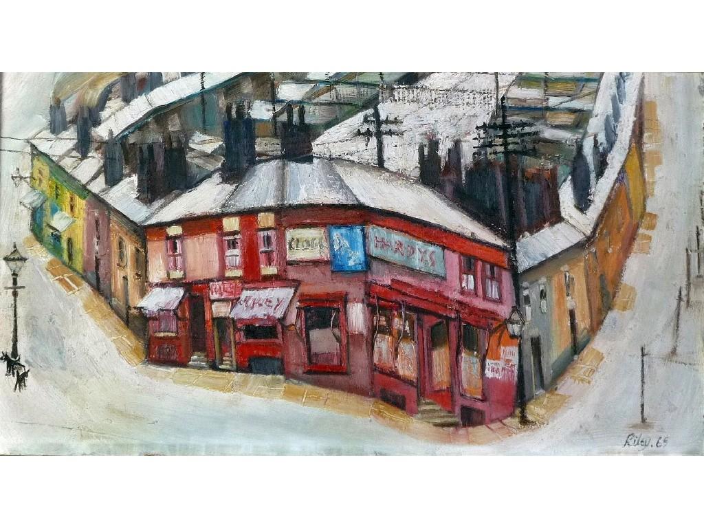 Appraisal: HAROLD RILEY b OIL PAINTING ON BOARD 'Pawn shop Salford'