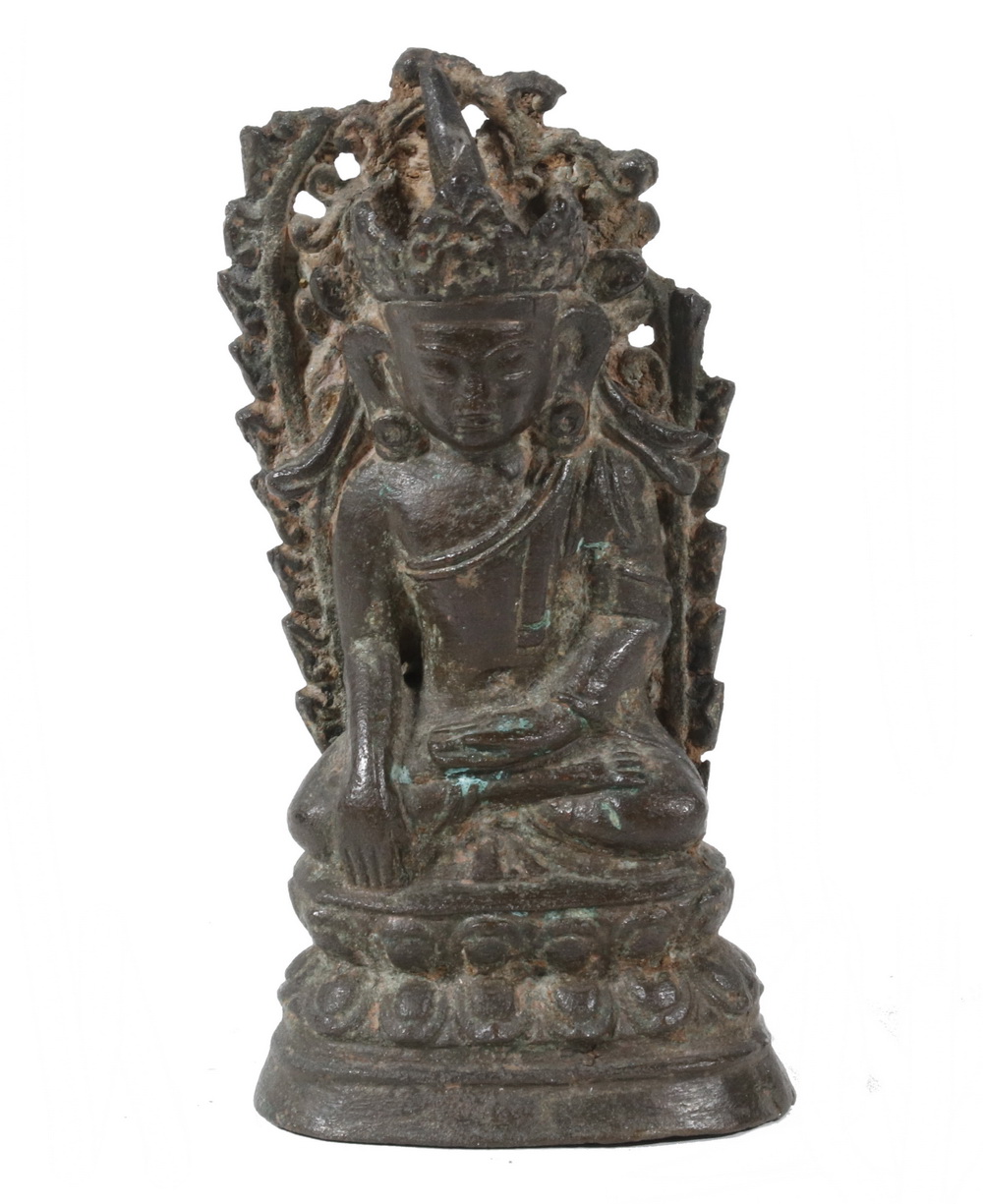 Appraisal: SMALL TH C THAI BRONZE BUDDHA Crowned and enthroned backed