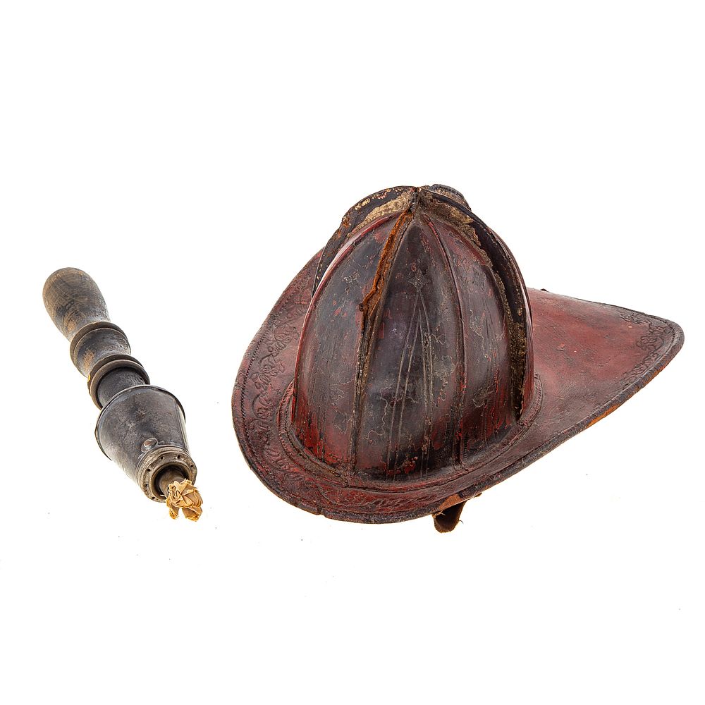 Appraisal: Early American Leather Fire Helmet Parade Torch Painted leather fire