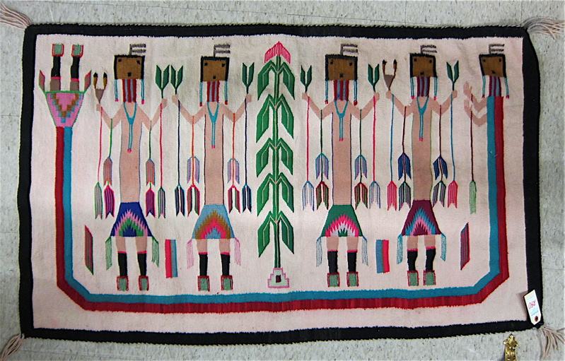 Appraisal: NAVAJO PICTORIAL CEREMONIAL WALL RUG featuring five YEI spirit dancers