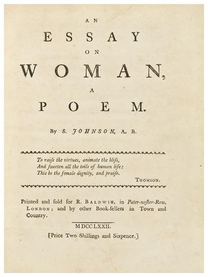 Appraisal: JOHNSON S An Essay on Woman a poem London Printed