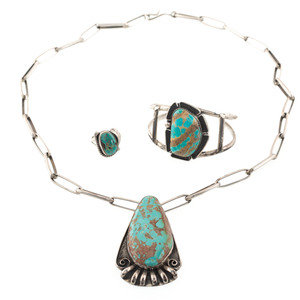 Appraisal: Navajo Silver and Turquoise Necklace Cuff Bracelet AND Ring third