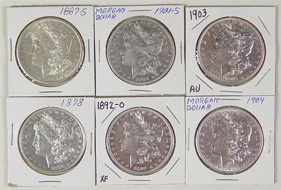 Appraisal: Six Better Date Morgan Dollars - TF AU -S XF