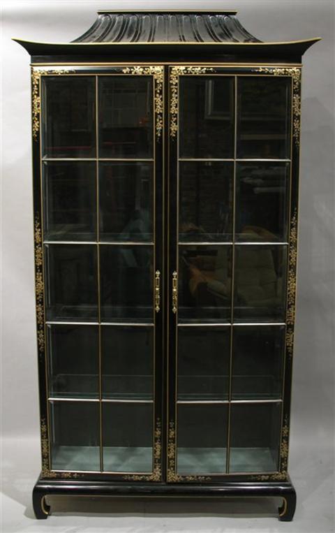 Appraisal: CHINESE BLACK LACQUER PAGODA-FORM VITRINE Twentieth century the pagoda shaped