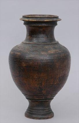 Appraisal: KHMER BROWN-GLAZED STONEWARE VASE The ovoid bowl with incised arch