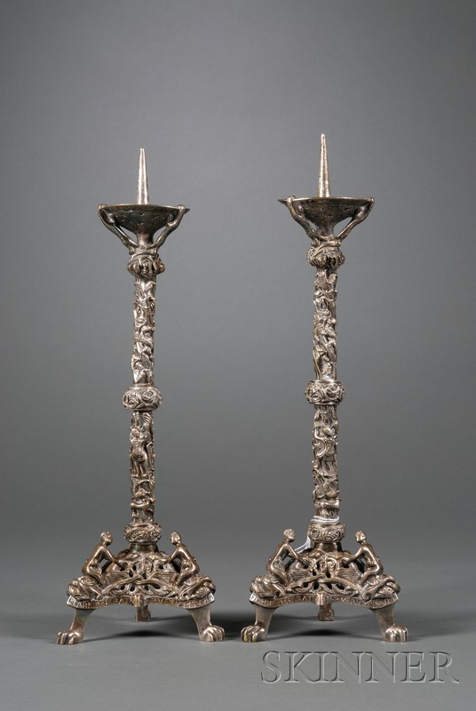 Appraisal: Mediaeval-style Silvered Bronze Pricket Candlesticks Europe c s stem cast