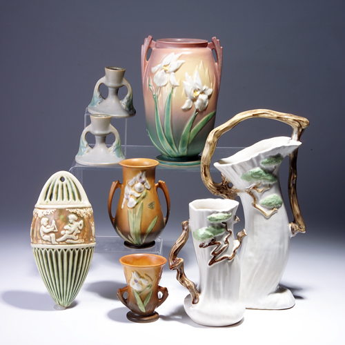 Appraisal: Eight ROSEVILLE pieces to include a pink Iris vase -