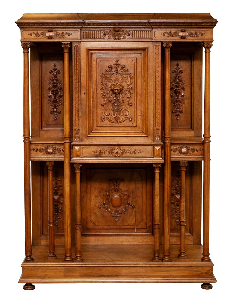 Appraisal: FRENCH RENAISSANCE-REVIVAL CARVED WALNUT MARBLE-INSET-RESERVE DISPLAY WALL CABINET TH CENTURY