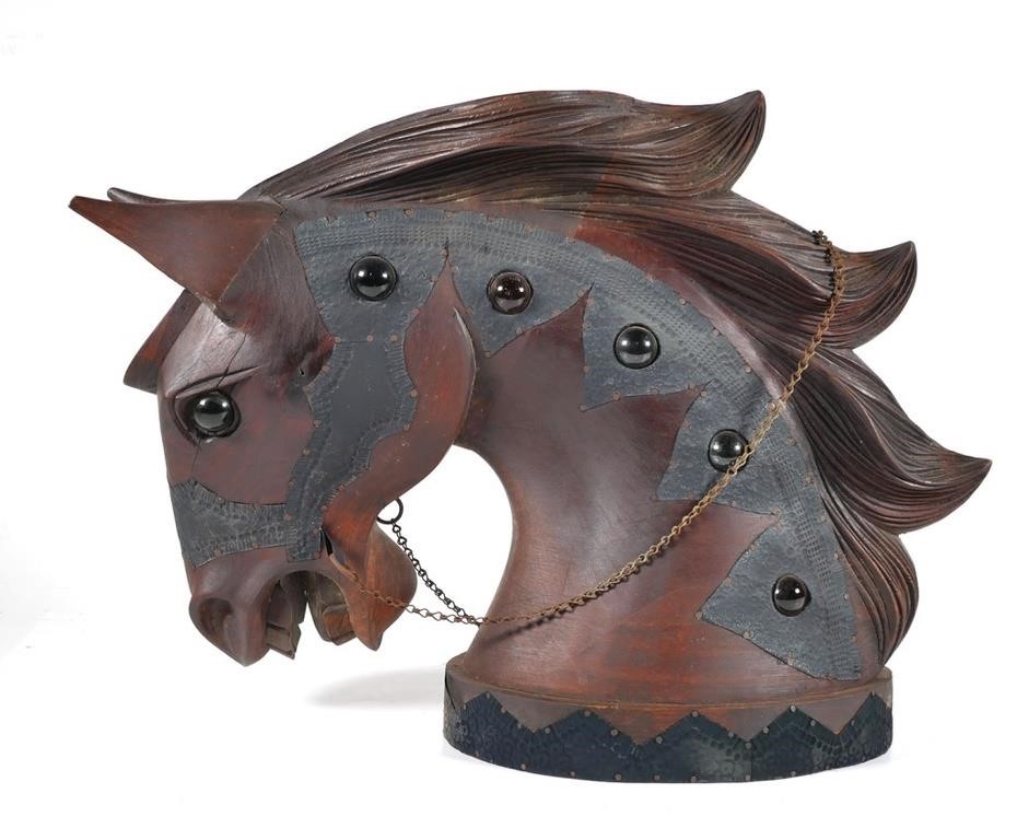 Appraisal: Carved wooden horse head with this metal sheet and glass