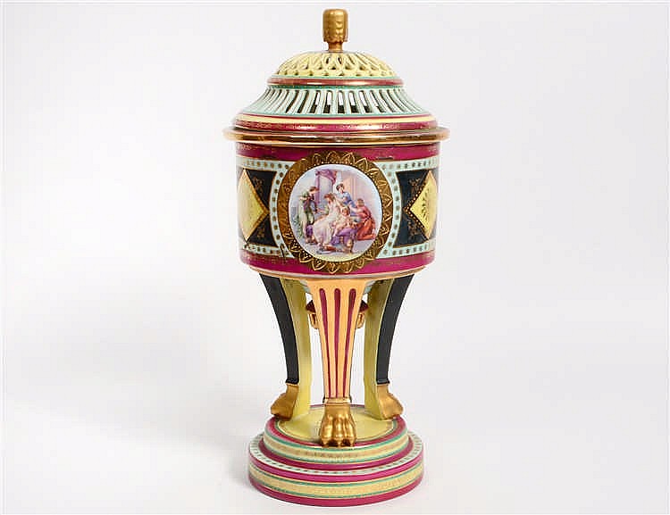 Appraisal: ROYAL VIENNA PAINTED PORCELAIN TRIPOD POTPOURRICirca The underside with Beehive