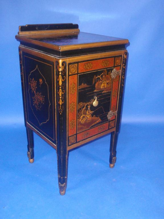 Appraisal: A black lacquer and chinoiserie decorated pot cupboard