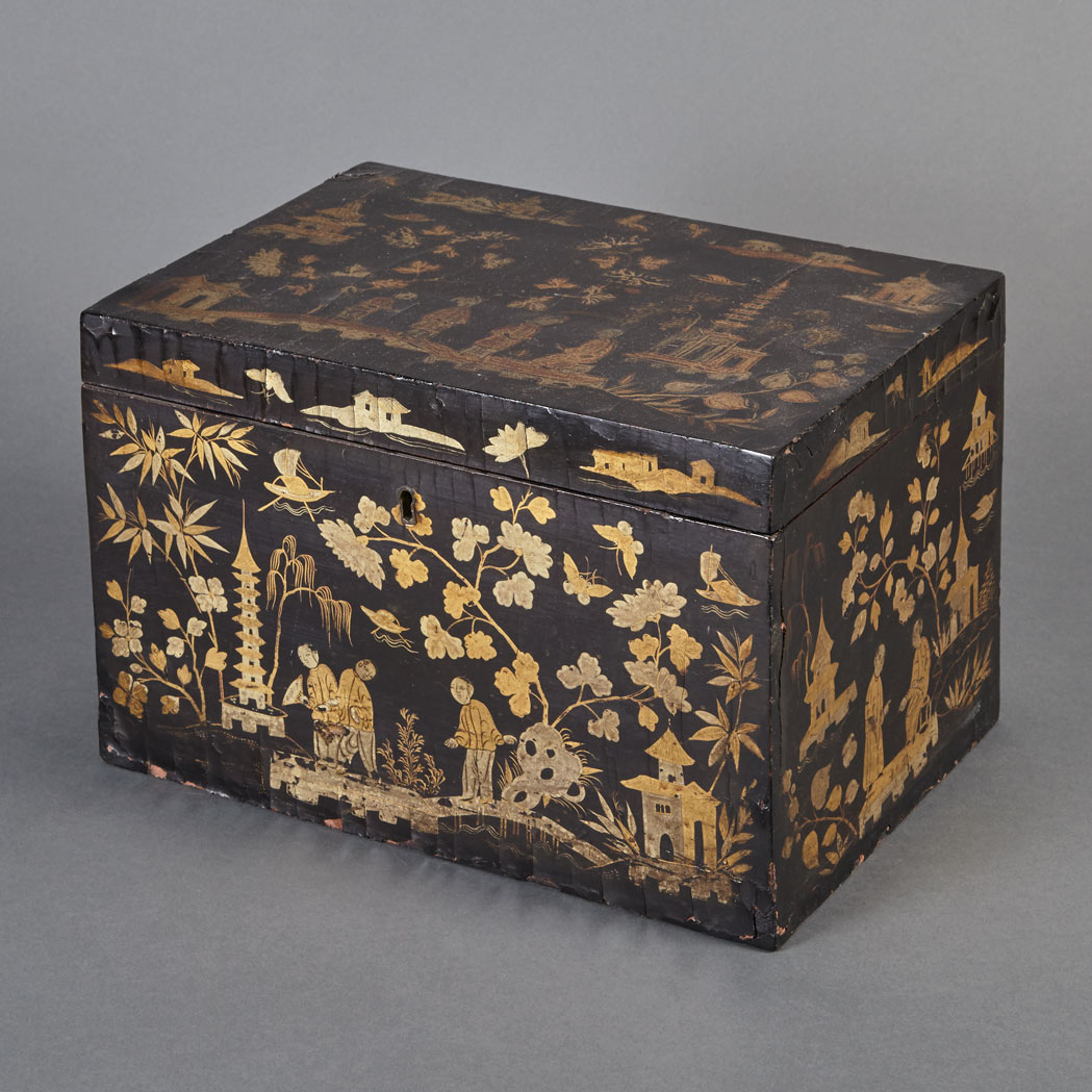 Appraisal: Chinese Export Black Lacquered and Parcel Gilt Tea Caddy First