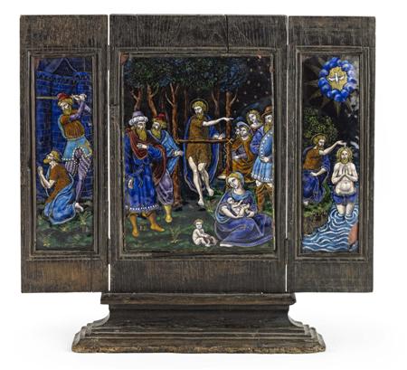 Appraisal: LIMOGES ENAMEL TRIPTYCH AFTER PIERRE RAYMOND TH CENTURY the oak