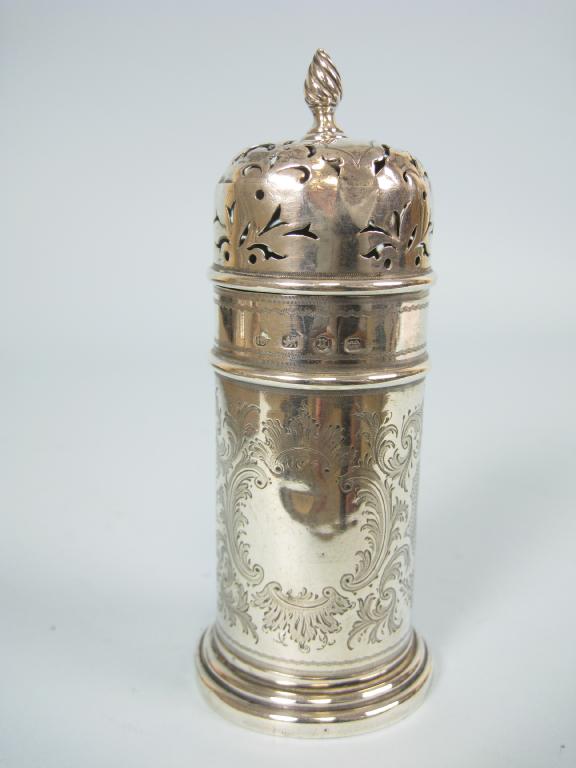 Appraisal: A Victorian cylindrical Sugar Caster with chased scroll and floral