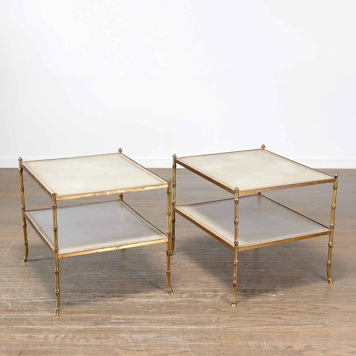 Appraisal: PAIR MAISON BAGUES GILT BRONZE LEATHER SIDE TABLES Mid th