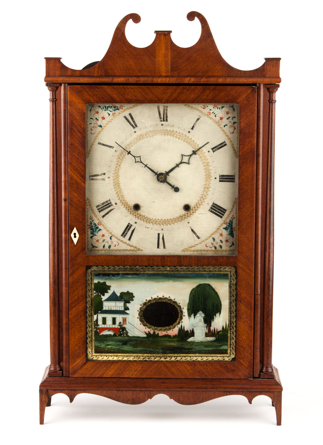 Appraisal: Eli Terry mahogany pillar scroll clock circa painted wood face